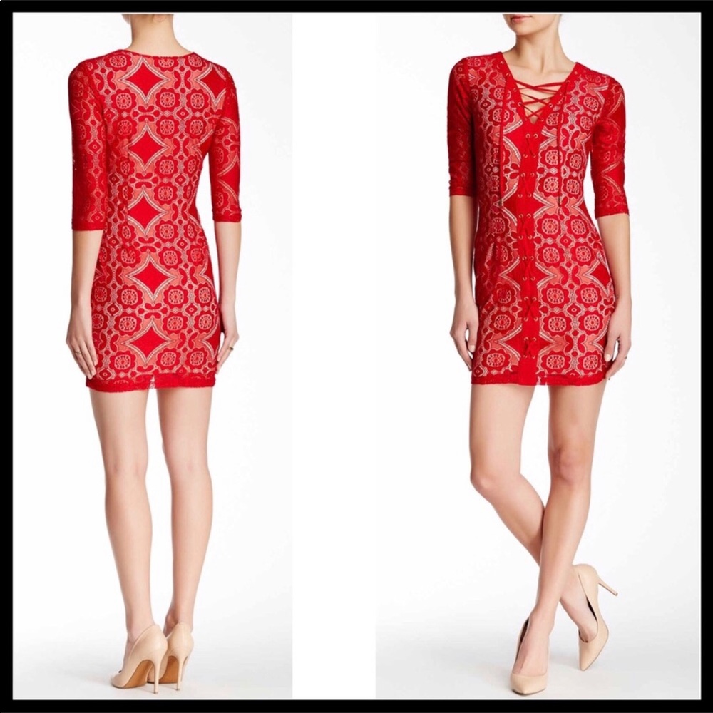RED LACE UP V-NECK SHIFT TUNIC MINI DRESS A3C - Picture 5 of 8